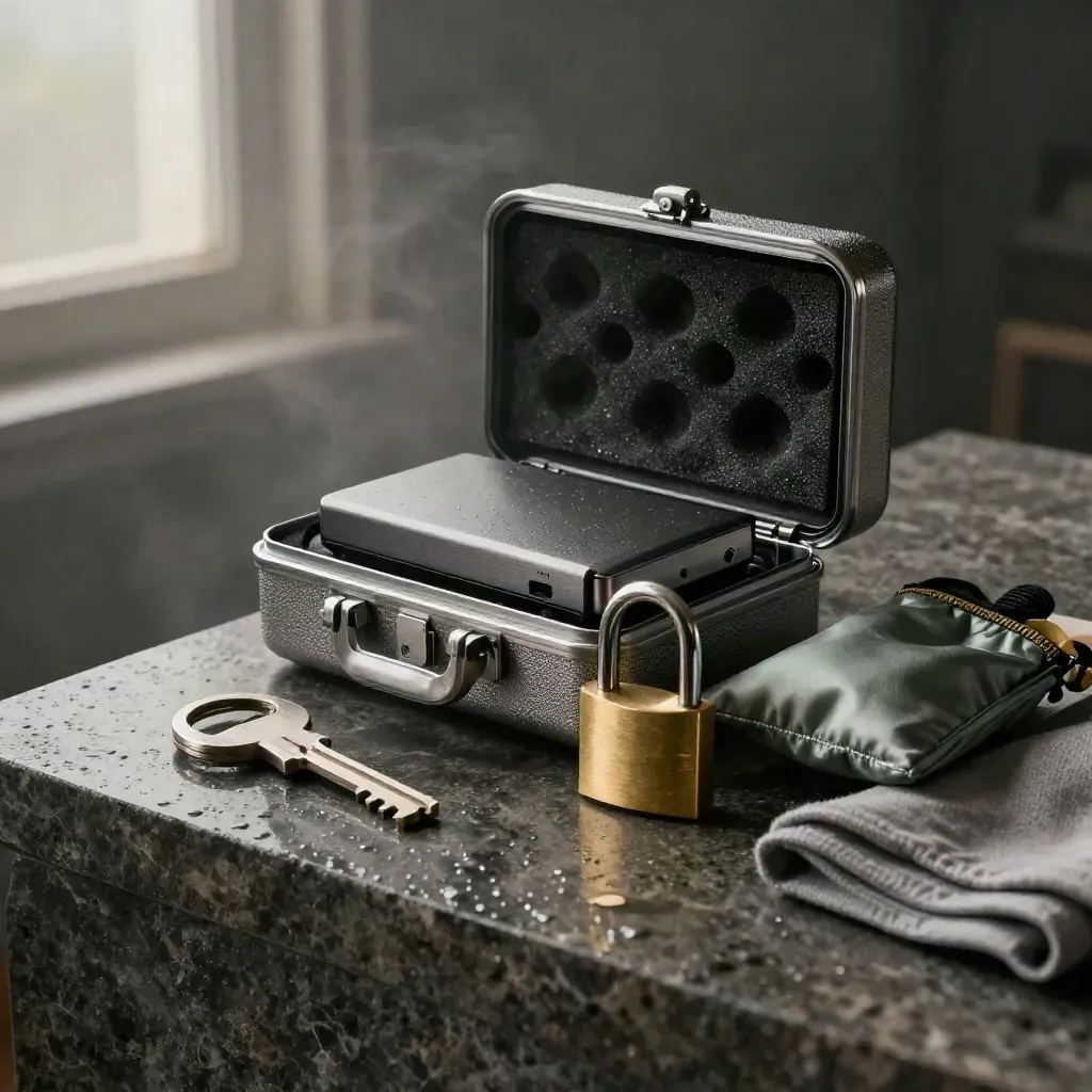 Encryption kit with hardware key, vault drive, padlock and pouch on a misty stone plinth.
