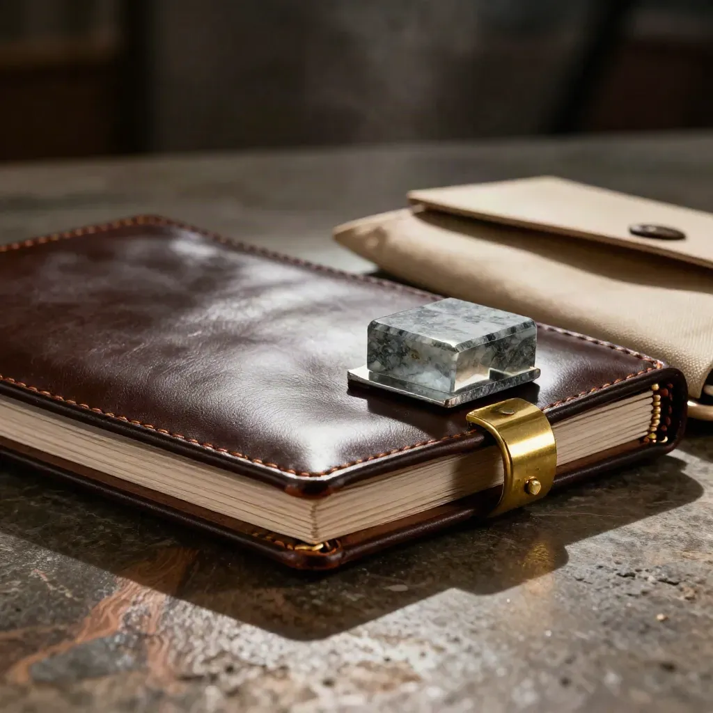 Leather archive folio, brass seal, stone paperweight, and courier pouch in dramatic still life.