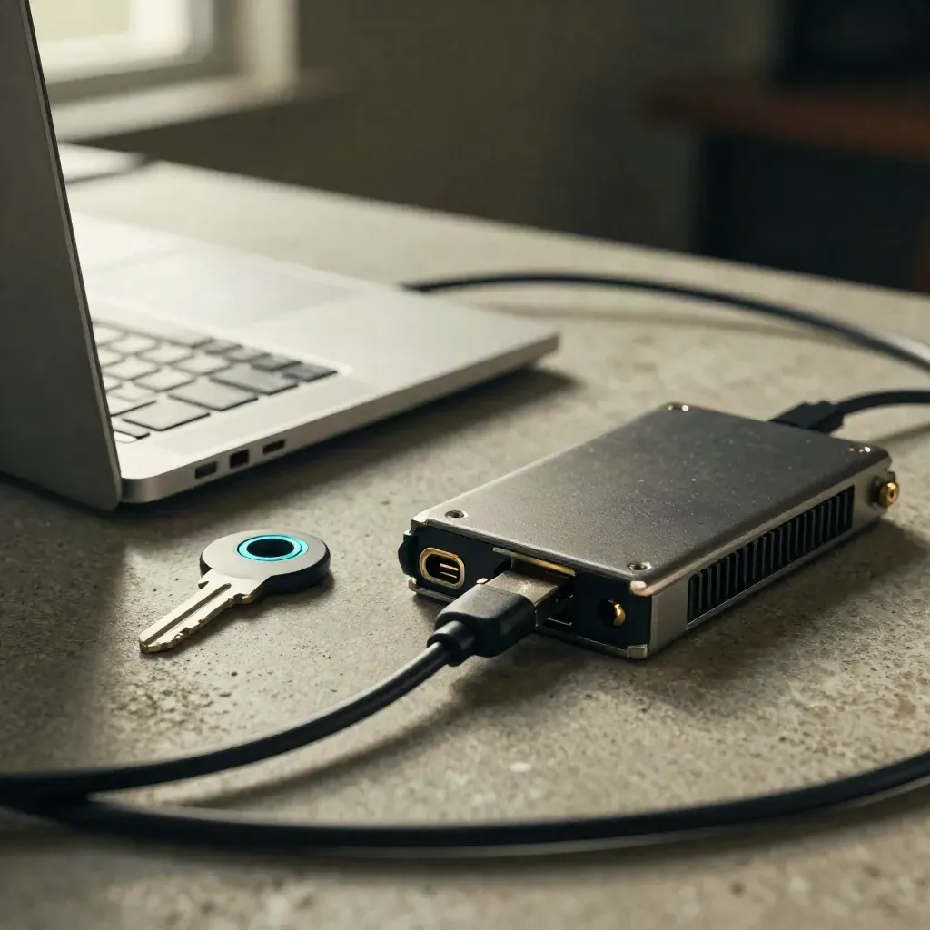 Closed laptop with hardware key, braided dongle, and drive sled on stone.