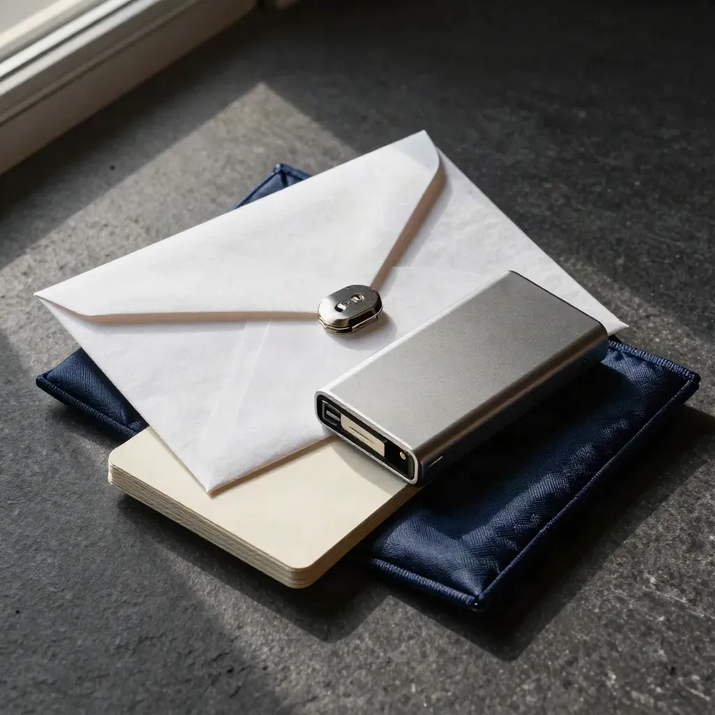 Top-down secure delivery kit with envelope, clips, drive box and card stack on dark stone.